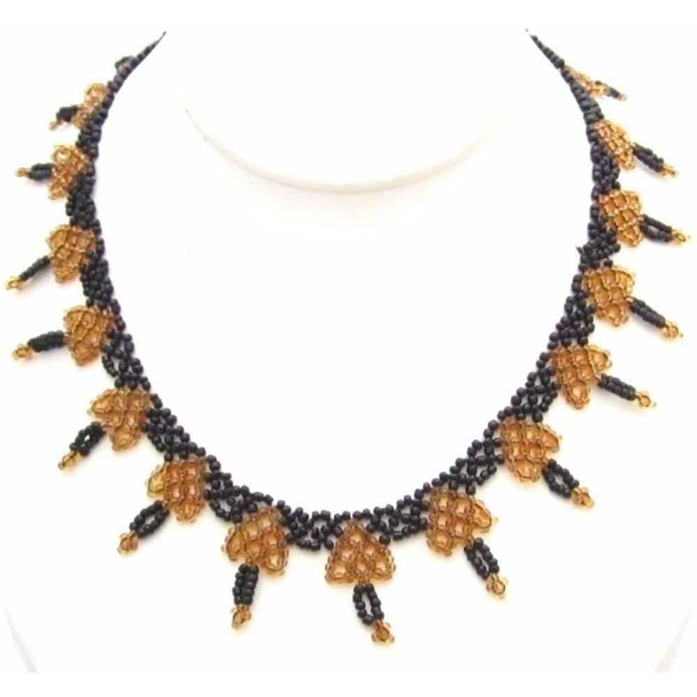 HANDMADE BEADED FRINGE CHOKER NECKLACE BLACK AMBER GLASS‎ SEED BEAD WOVEN 16 IN